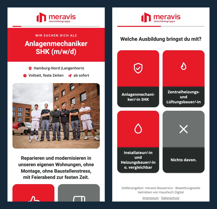 Bewerbungsseite und erste Quizfrage für Anlagenmechaniker SHK bei meravis