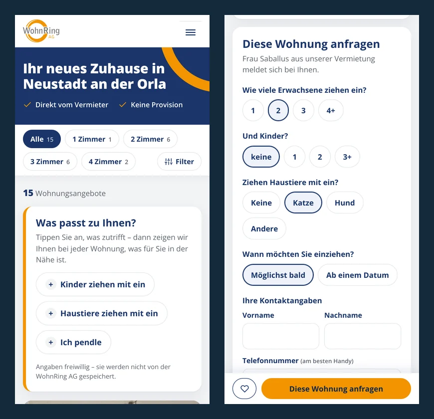 Wohnungsportal und Anfragebogen der WohnRing AG am Handy